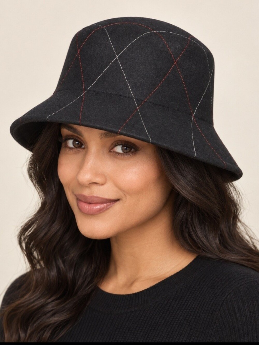 Laplein Black Wool Felt Bucket Hat Diamond Stitch Lattice Pattern Vintage Cloche